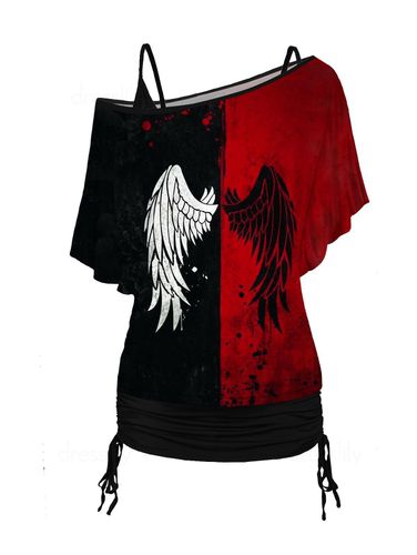 Women Wing Print Skew Neck T Shirt and Cinched Ruched Long Camisole Set Clothing L - DressLily.com - Modalova