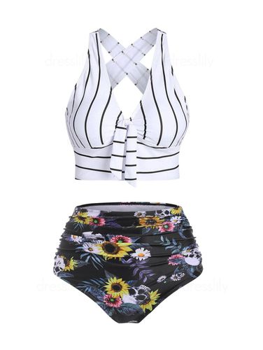 Dresslily Women Tummy Control Bikini Swimsuit Sunflower Striped Print Bathing Suit Knotted Cross Ruched Contrast Bathing Suit Swimsuit M - DressLily.com - Modalova