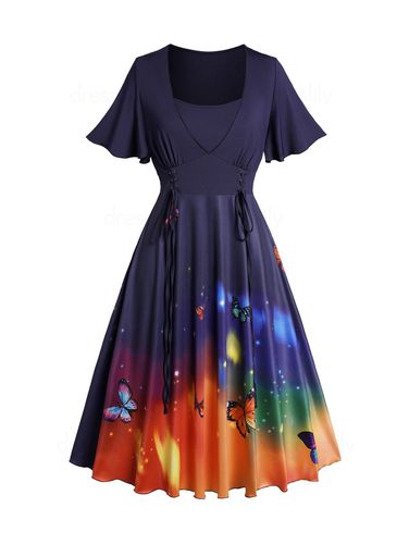 Dresslily WomenFRDresslily Plus Size Dreamy Butterfly Print Dress Lace Up Flutter Sleeve Casual Midi Dress Clothing Online 2x - DressLily.com - Modalova