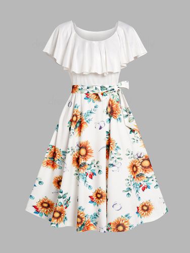 Women Sunflower Print Dress Flounce Short Sleeve Belted Combo Dress Clothing Xxl - DressLily.com - Modalova