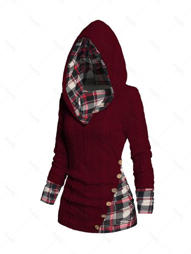 Dresslily Women Tops Twisted Cable Knit Plaid Print Hooded Sweater Mock Button Ruched Shawl Neck Sweater Clothing Online Xxxxxl - DressLily.com - Modalova