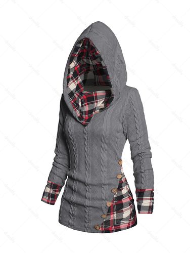Dresslily Women Tops Twisted Cable Knit Plaid Print Hooded Sweater Mock Button Ruched Shawl Neck Sweater Clothing Online M - DressLily.com - Modalova