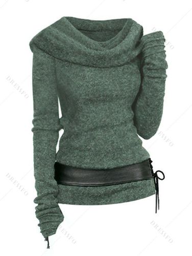 Women Hooded Cowl Front Belted Lace Up Sweater Clothing Xl - DressLily.com - Modalova