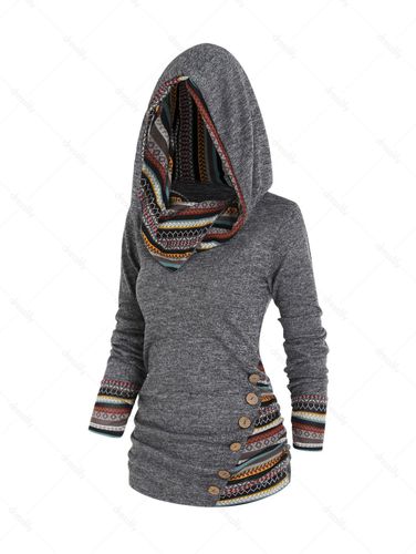 Women Tribal Geometric Stripe Panel Hooded Knit Top Long Sleeve Mock Button Knitted Top Clothing Xxl - DressLily.com - Modalova