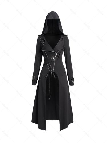 Women Punk Gothic Hooded Coat Plain Color Lace Up Zip Coat L - DressLily.com - Modalova