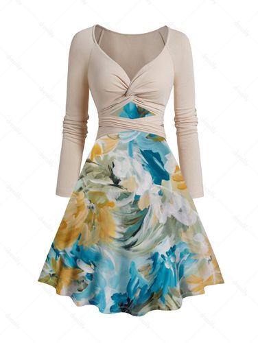 Dresslily Cut Out Twist Tie Back Top and Water Color Print A Line Tank Dress Outfit - DressLily.com - Modalova