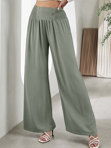 Women Plain Color Pants Mock Button Shirred Elastic High Waisted Long Wide Leg Pants Clothing M - DressLily.com - Modalova