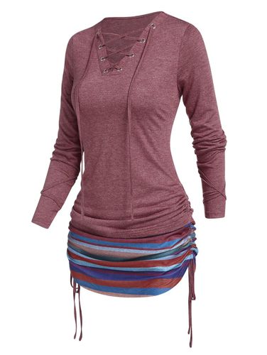Dresslily Women Colored Striped Print T Shirt Lace Up Cinched Curved Hem Long Sleeve Longline Tee Clothing M - DressLily.com - Modalova