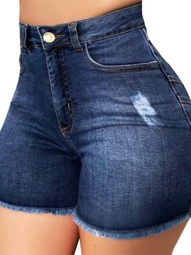 Women Frayed Hem Jeans Shorts Dark Wash Zipper Fly Ripped High Waisted Denim Shorts Clothing Xl - DressLily.com - Modalova