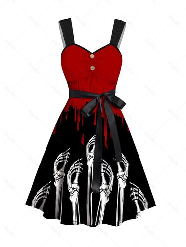 Dresslily Women Halloween Belted Mini Dress Blood Skeleton Hand Print Mock Button Ruched Dress Clothing S / us 4 - DressLily.com - Modalova