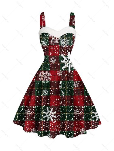 Dresslily Women Christmas Snowflake Plaid Print Mini Dress Sweetheart Neck Faux Fur Panel Dress Clothing - DressLily.com - Modalova