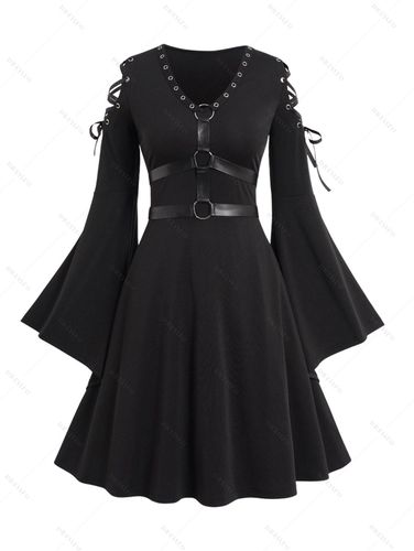 Dresslily Women Gothic Flare Sleeve Mini Dress V Neck Lace Up Grommet Harness Dress Clothing M / us 6 - DressLily.com - Modalova