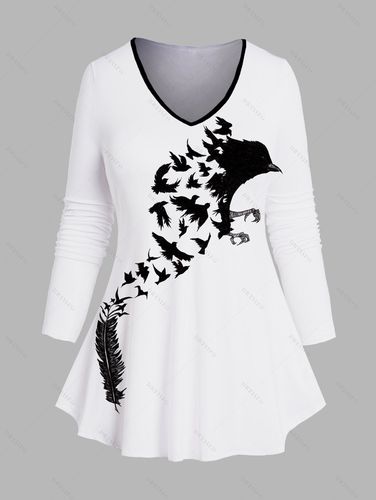 Dresslily Fashion Women Plus Size Long Sleeve T-shirt Crow Feather Print V Neck Casual Tee Clothing L / us 12 - DressLily.com - Modalova
