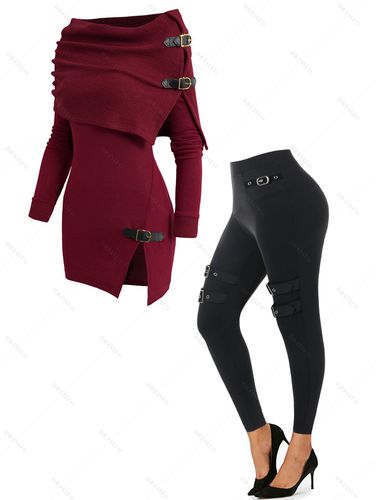 Dresslily Open Shoulder Knit Foldover Top And Gothic High Waist Skinny Pants Outfit S / us 4 - DressLily.com - Modalova