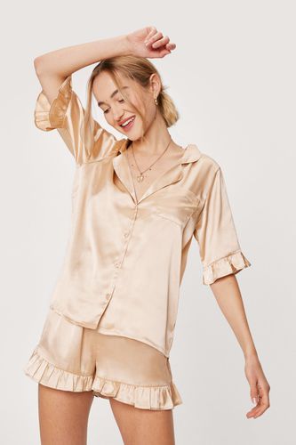 Womens Satin Ruffle Pajama Shirt And Shorts Set - - L - Nasty Gal - Modalova