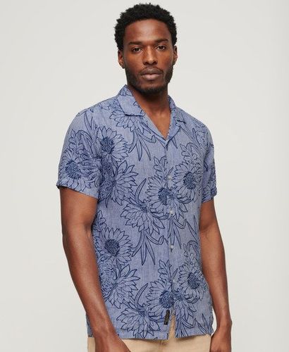 Men's Open Collar Printed Linen Shirt Blue / Chrysanth Optic Outline Print - Size: M - Superdry - Modalova