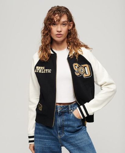 Ladies Lightweight Graphic Embroidered College Jersey Bomber, Black and Off White, Size: 16 - Superdry - Modalova