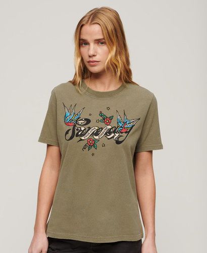 Women's Tattoo Script Graphic T-Shirt Khaki / Moss Khaki - Size: 6 - Superdry - Modalova