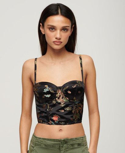 Women's Embroidered Satin Brocade Crop Corset Top, Black, Green and Brown, Size: 10 - Superdry - Modalova