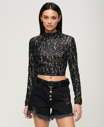 Women's Long Sleeve Sequin Crop Top Black / Black Sequin - Size: 14 - Superdry - Modalova