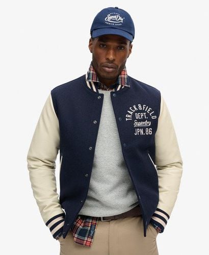 Men's Colourblock Relaxed Fit Varsity Chain Stitch Bomber, Navy Blue and Cream, Size: L - Superdry - Modalova