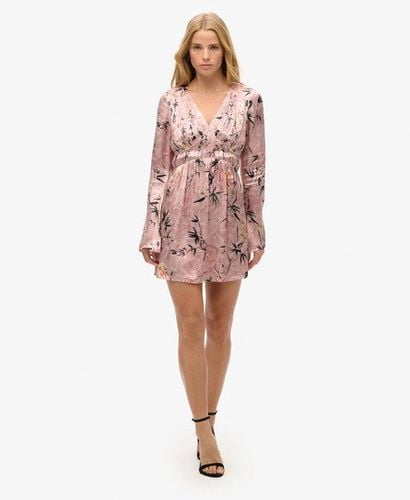 Women's Flare Sleeve Jacquard Mini Dress Pink / Blush Floral Japanese Shadow - Size: 12 - Superdry - Modalova