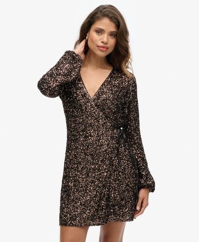 Women's Sequin Wrap Mini Dress Brown / Bronze Mega Sequin - Size: 8 - Superdry - Modalova