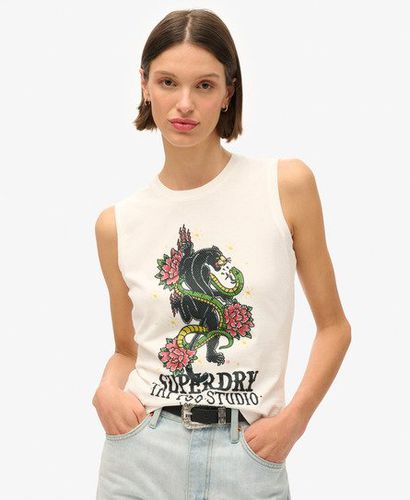 Damen Weiß, Schwarz und Grün Tattoo Tanktop mit Strassbesatz Grafikdruck, Größe: 36 - Superdry - Modalova