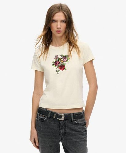 Women's Small Tattoo Rhinestone Fitted T-Shirt Cream/Pink / Rice White - Size: 12 - Superdry - Modalova