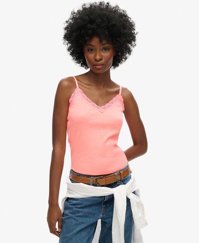 Women's Organic Cotton Essential Rib Lace Cami Top Cream / Pastelline Coral - Size: S/M - Superdry - Modalova