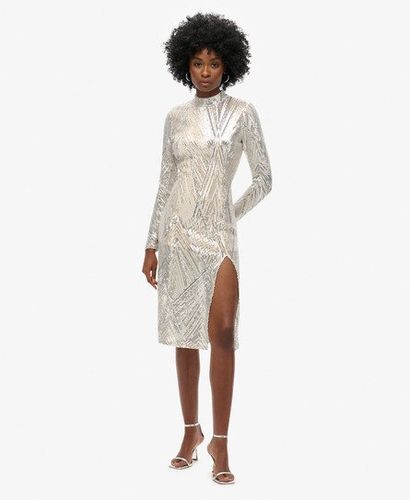 Women's Sequin Embroidered Open Back Long-Sleeved Midi Dress, Silver, Size: 8 - Superdry - Modalova