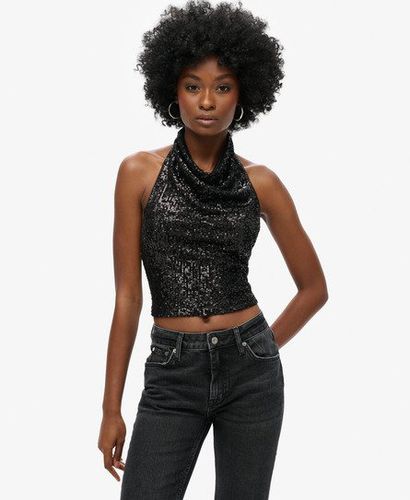 Women's Cowl Halter Neck Sequin Top Black / Black Plain Sequin - Size: 10 - Superdry - Modalova