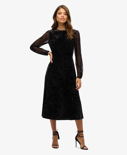 Women's Lace Sleeve Velvet Midi Dress Black - Size: 8 - Superdry - Modalova