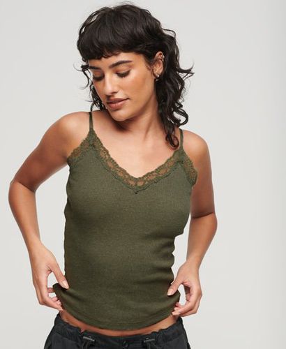 Women's Organic Cotton Essential Rib Lace Cami Top Green / Dusty Olive Green Marl - Size: M/L - Superdry - Modalova