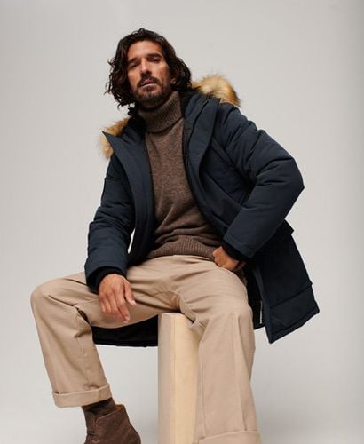 Mens Slim Fit Embroidered Logo Everest Faux Fur Hooded Parka Coat, Navy Blue, Size: M - Superdry - Modalova
