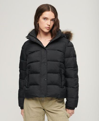 Women's Faux Fur Short Hooded Puffer Jacket Black / Jet Black - Size: 12 - Superdry - Modalova