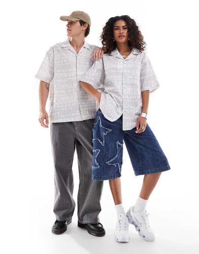 Unisex - Camicia grigia in lino e cotone con stampa stile quotidiano e rever - Collusion - Modalova