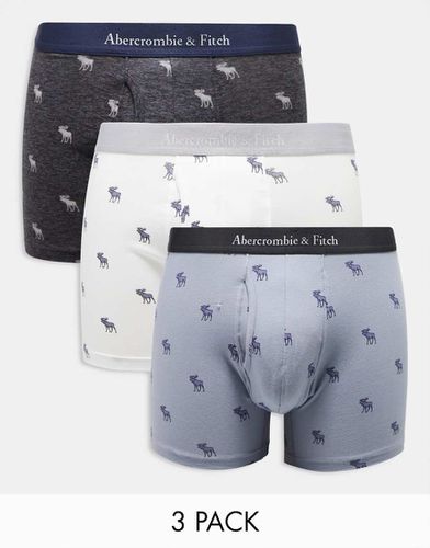 Confezione da 3 boxer aderenti bianchi, blu e antracite con fascia in vita con logo e stampa del logo tono su tono - Abercrombie & Fitch - Modalova