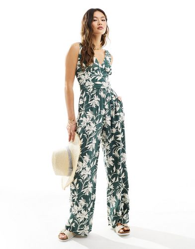 Pantaloni con fondo ampio in misto lino con stampa a fiori e vita elasticizzata in coordinato - Abercrombie & Fitch - Modalova