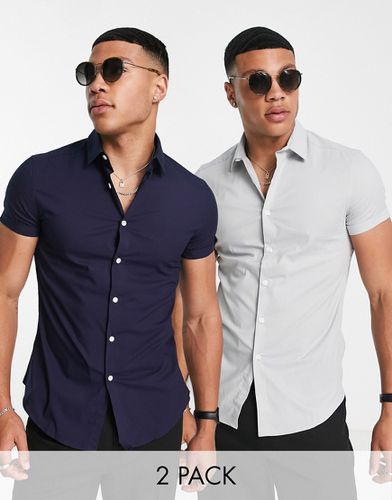 Confezione da 2 camicie stretch slim fit blu navy e grigia - Risparmia - ASOS DESIGN - Modalova