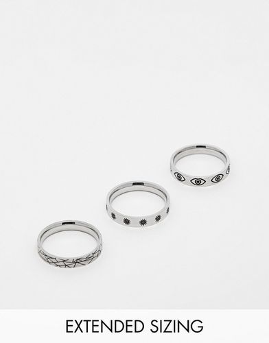 Confezione da 3 anelli a fascia in acciaio inossidabile resistente all'acqua argentati con occhio e solo incisi - ASOS DESIGN - Modalova