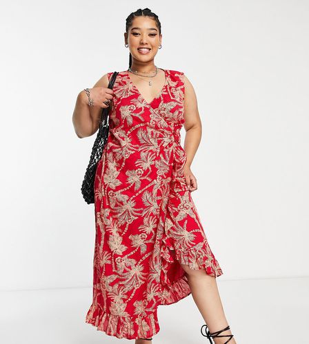 ASOS DESIGN Curve - Prendisole midi a portafoglio stropicciato rosso con stampa di palme e fibbia - ASOS Curve - Modalova