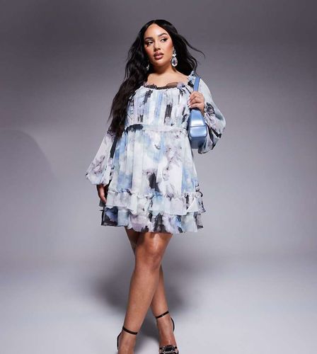 ASOS DESIGN Curve - Robe corset courte à imprimé flou avec bords bruts et manches blousantes - Asos Curve - Modalova