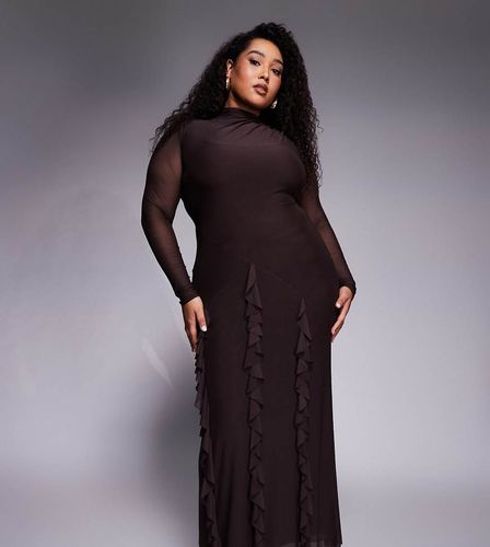 ASOS DESIGN Curve - Robe longue en tulle avec manches longues et jupe ornée de volants style cascade - Chocolat - Asos Curve - Modalova