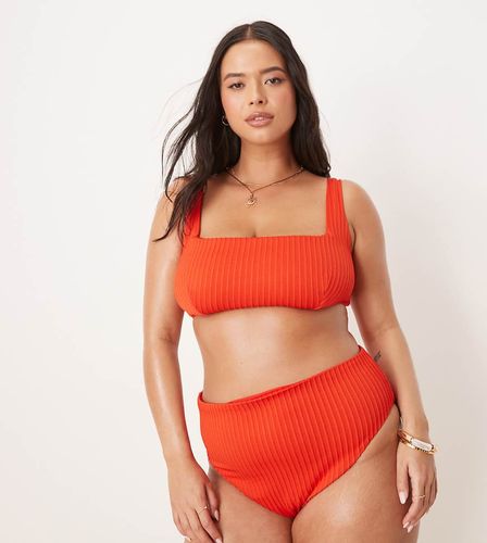 ASOS DESIGN Curve - Riddy - Bas de bikini côtelé échancré à taille haute - Rouge - Asos Curve - Modalova