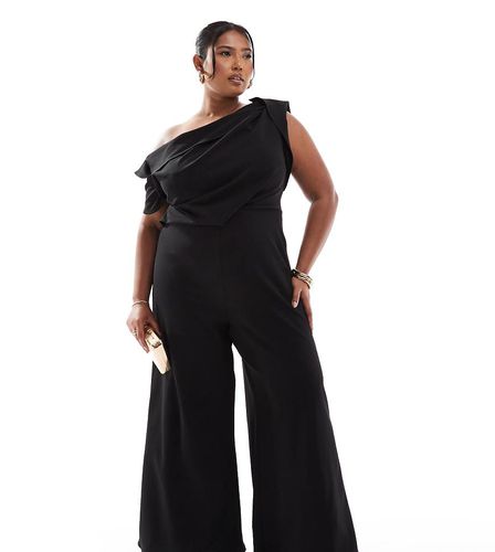 ASOS DESIGN Curve - Tuta jumpsuit nera a fondo ampio con dettaglio raccolto e spalla scivolata - ASOS Curve - Modalova