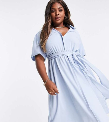 ASOS DESIGN Curve - Vestito camicia stile skater midi azzurro con cintura avvolgente in tessuto - ASOS Curve - Modalova