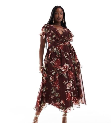 ASOS DESIGN Curve - Vestito midi a balze aperto sul retro bordeaux a fiori con inserti in pizzo - ASOS Curve - Modalova