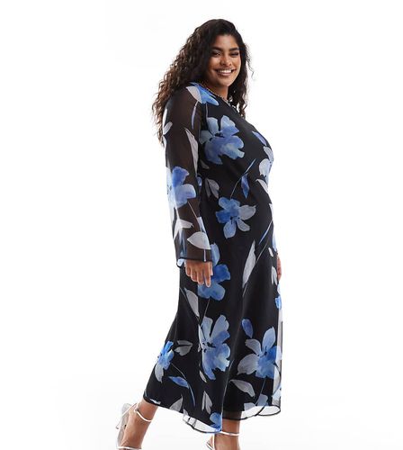 ASOS DESIGN Curve - Vestito midi a maniche lunghe in chiffon blu con stampa - ASOS Curve - Modalova