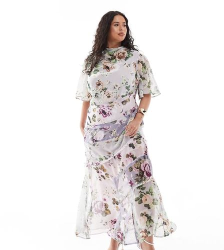 ASOS DESIGN Curve - Vestito midi accollato lilla a fiori con maniche a 3/4 e spacco - ASOS Curve - Modalova